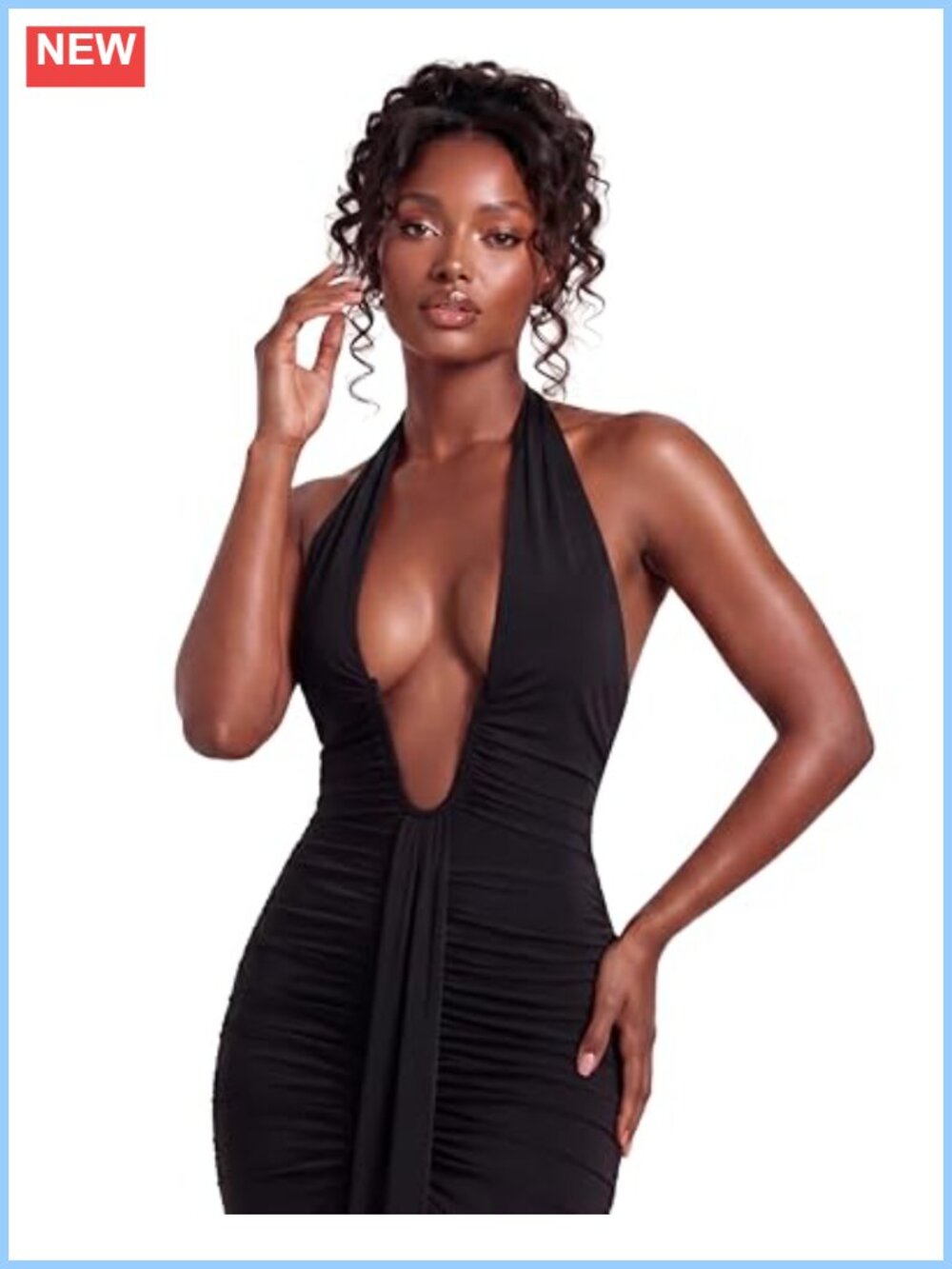 Deep V Neck Halter Ruched Mermaid Maxi Formal Dress